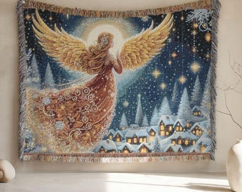 Angel Woven Cotton Blanket, Christmas Holiday Decor