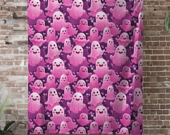 Pink Ghost Floral Fleece Blanket: Kawaii Halloween Sherpa Throw