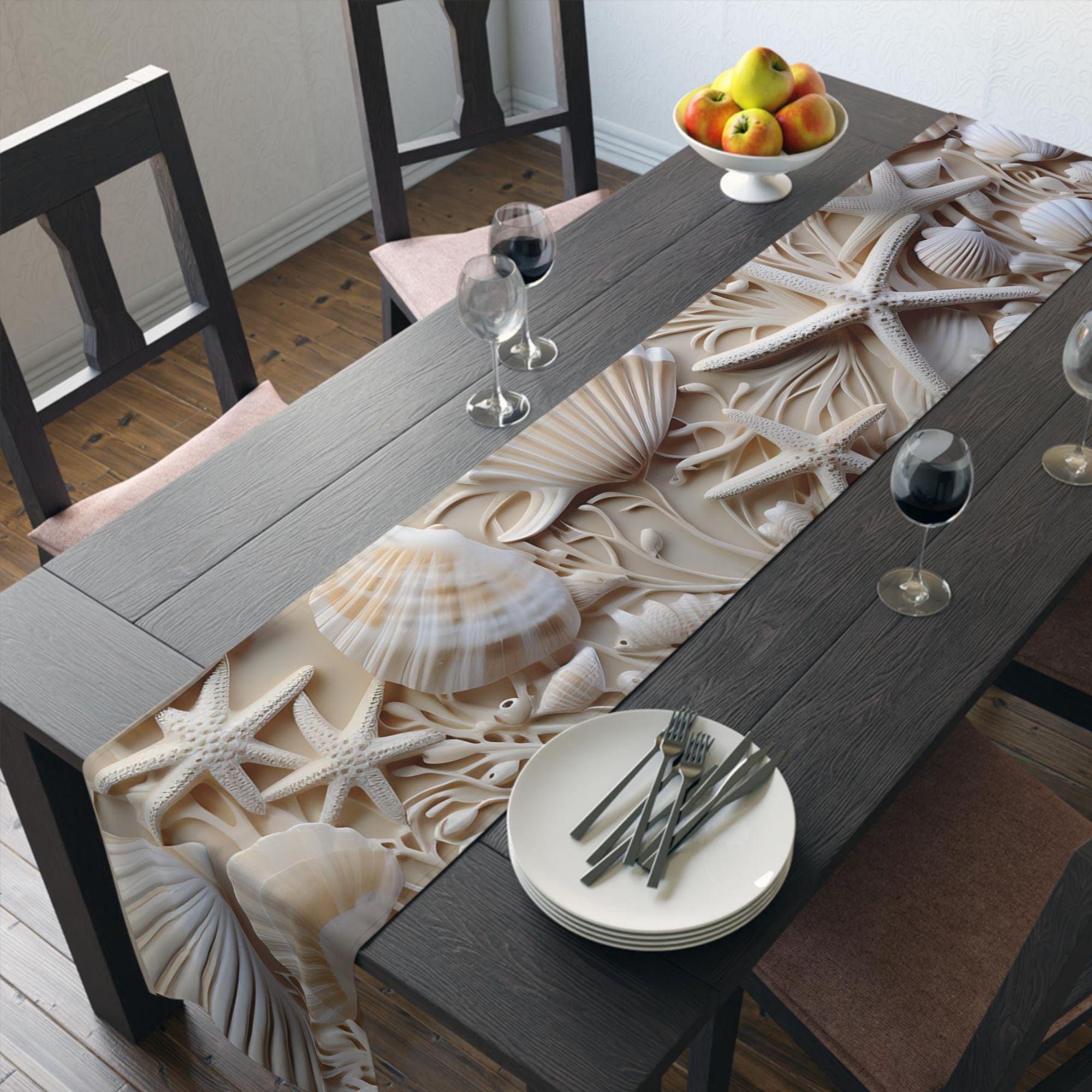 Runner Seashell Seashell Table Runner: Coastal Beach House Decor, Cotton or Polyester ...