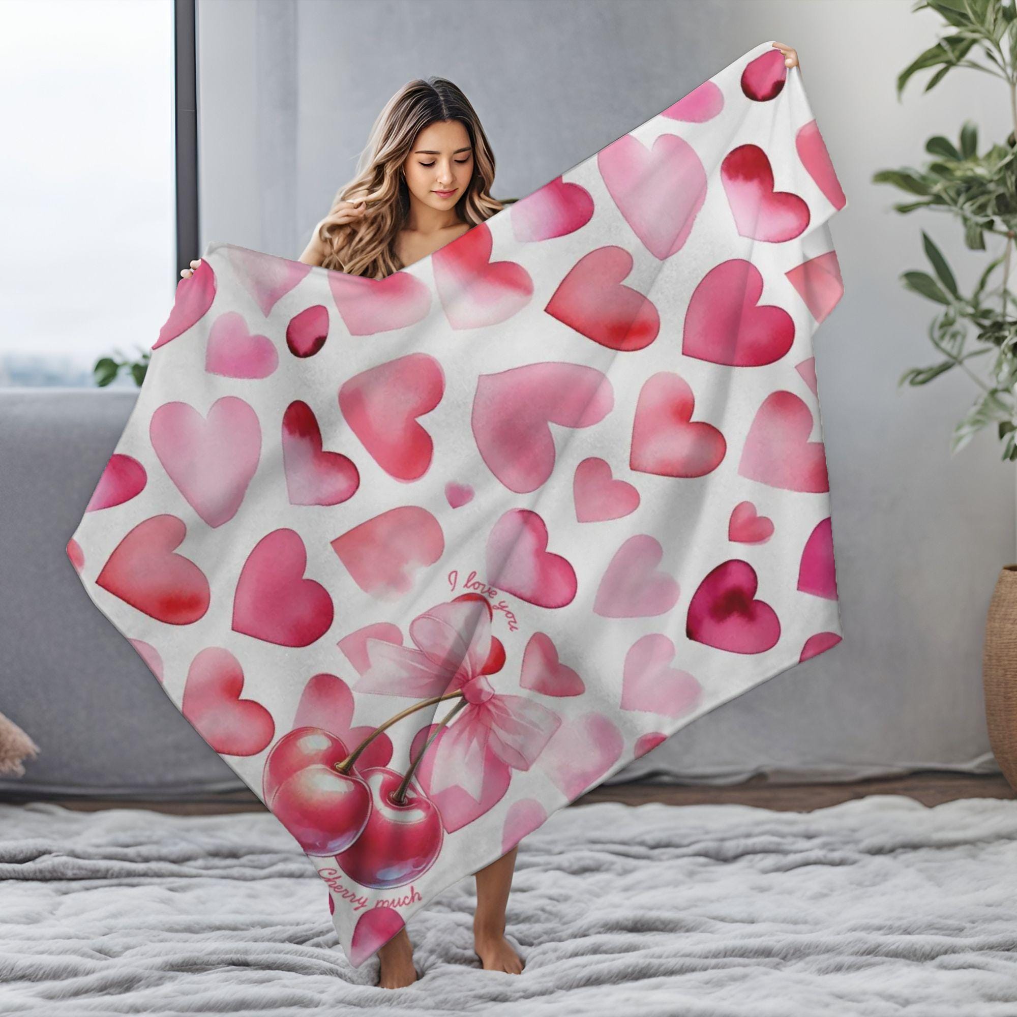 Pink Hearts & Cherry Sherpa Fleece Blanket: Cozy Plush Throw  Deco Cherry Heart Print Plush Throw Blanket main image 1