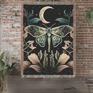 Woven Blanket, Lunar Moth Woven Blanket - Cozy Home Decor, Boho Throws, Gift for Nature Lovers, Celestial Tapestry, Spring/Summer Accent