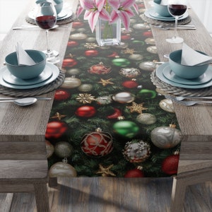 Table Runner - Christmas Festive Ornament and Star Pattern, Kitchen Linens, Dining Decor, Home Textiles, Fall Table Setting, Home Decor