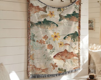 Woven Cotton Fishing Blanket: Floral Lake Cabin Throw