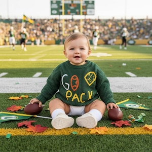 May include: A baby in a green sweater with the words "GO PACK" in white, orange, and yellow. The baby is on a green field with two brown footballs and autumn leaves. A football stadium is visible in the background.