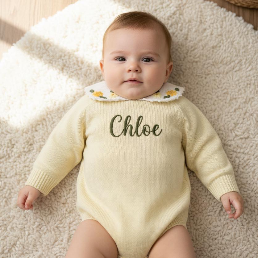Embroidered Daisy Collar Name Knit Romper, Christening Baptism Keepsake Outfit, Minimalist Boho Baby Girl Sweater Bodysuit, 100% Cotton