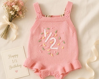 Half Birthday Baby Girl Romper, Pink Knit 1/2 Embroidered Cake Sprinkle Outfit for 6 Month Party and Milestone Photos Gift Idea Set