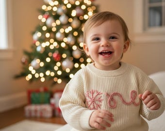 Handmade Baby Sweater One 1st Birthday Outfit | Winter Snowflake Knit Pullover | First Birthday Photo Prop  Personalized Baby Gift