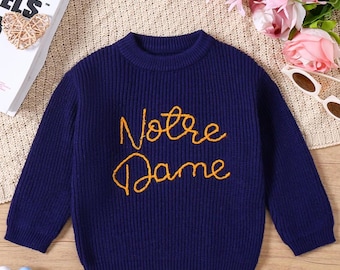 Easter Handmade Baby Sweater /Notre Dame Embroidery Personalized  Team Outfit  Navy Blue Knit Baby Clothes Fall Football Game Day Baby Gift