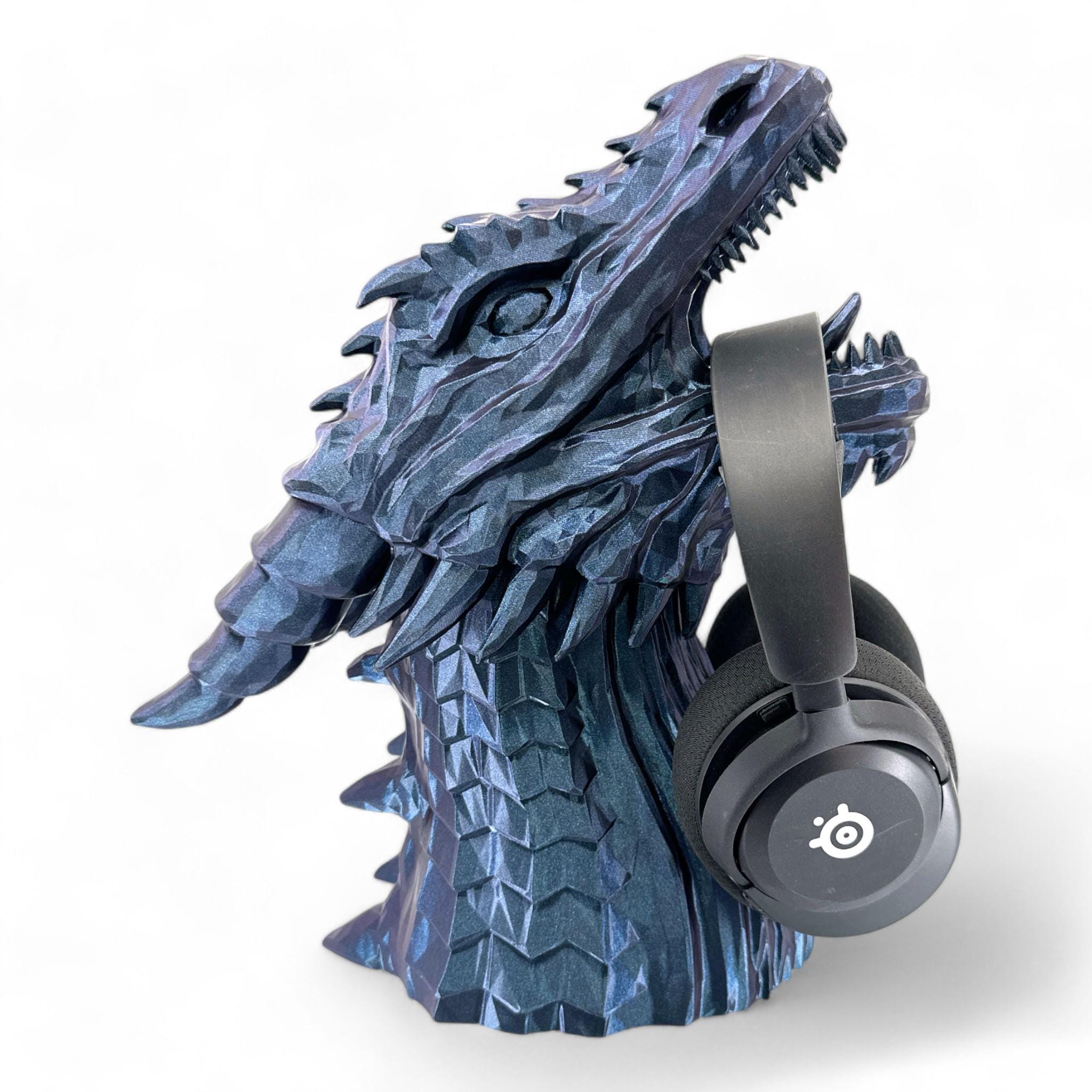 Listing photo: Dragon Headphone Stand 12 Inch, 3D Printed Geometric Bust, Headset Holder for Gaming Desk, Fantasy Gamer Gift, DnD Room Decor