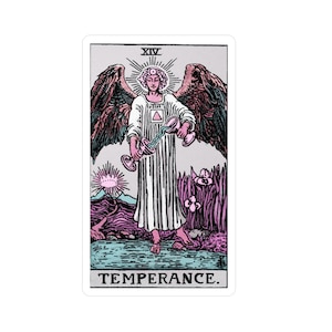 May include: A rectangular sticker with a tarot card illustration. The card shows an angel with large wings, holding two chalices. The background includes a landscape with water, mountains, and vegetation. The word "TEMPERANCE" is at the bottom.