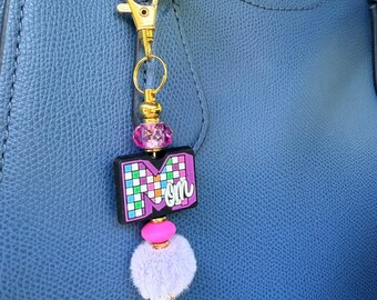 Mom Keychain Clip: Acrylic Beads & Fuzzy Purple Charm | Gift for her