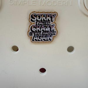 K&ouml;nnte beinhalten: Eine wei&szlig;e Tasche mit den Worten "SIMPLE MODERN" auf der Oberseite. Eine dekorative Anstecknadel mit den Worten "SORRY I ACTED CRAZY IT WILL HAPPEN AGAIN" ist an der Tasche befestigt. Die Anstecknadel hat einen goldenen Glitzerrahmen.
