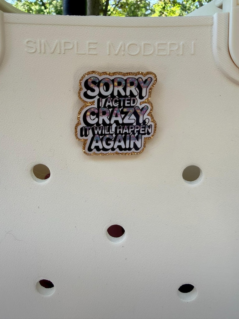 K&ouml;nnte beinhalten: Eine wei&szlig;e Tasche mit den Worten "SIMPLE MODERN" auf der Oberseite. Eine dekorative Anstecknadel mit den Worten "SORRY I ACTED CRAZY IT WILL HAPPEN AGAIN" ist an der Tasche befestigt. Die Anstecknadel hat einen goldenen Glitzerrahmen.