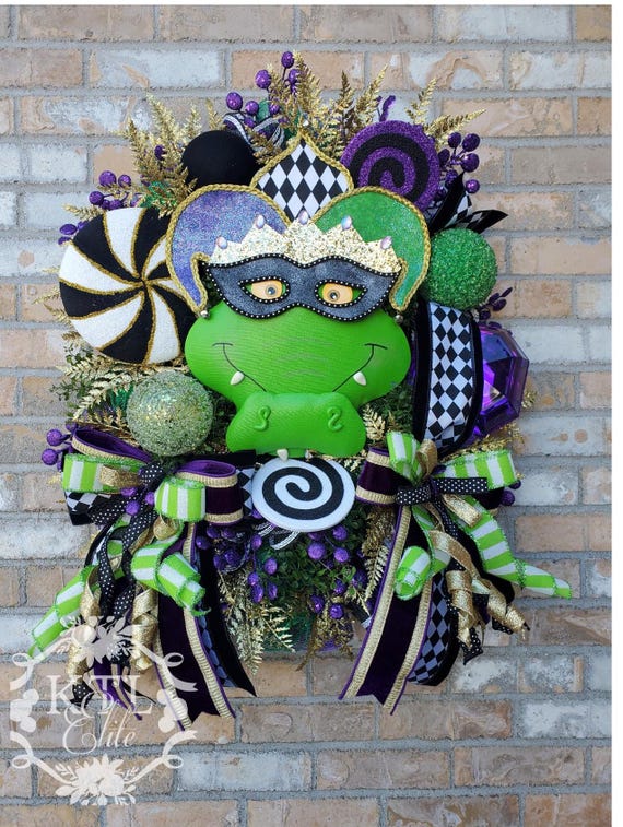 Mardi Gras Gator Wreath: XXL Harlequin Decor, Purple Green Gold
