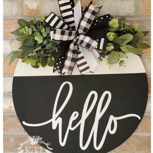 Hello Door Hanger, Farmhouse Welcome Sign, Black and White Wreath, Front Porch Decor