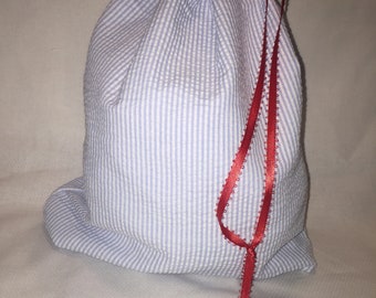 Christmas Fabric Gift Bag  Eco Friendly Bag  Drawstring Reuseable wrap --size 11.5 inches x 10 inches Blue Seersucker
