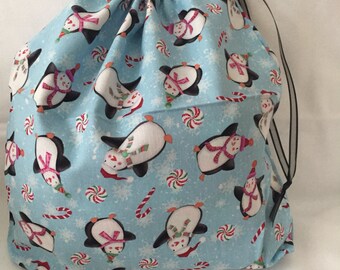Christmas Fabric Gift Bag  Eco Friendly Bag  Drawstring Reuseable wrap --size 10 inches x 12 inches Penguins and Candy Canes
