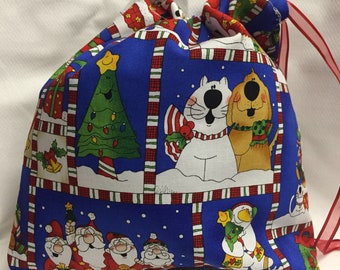 Christmas Fabric Gift Bag  Eco Friendly Bag  Drawstring Reuseable wrap --size 10 inches x 9 inches Santa and Puppies