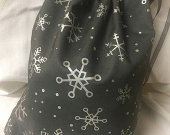 Christmas Fabric Gift Bag  Eco Friendly Bag  Drawstring Reuseable wrap --size 10 inches x 11 inches silver snowflakes on gray