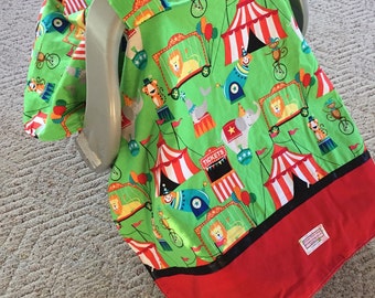 Car Seat Canopy..Baby Car Seat Canopy Carseat Cover... Under the BigTop......Michaelmoodesign