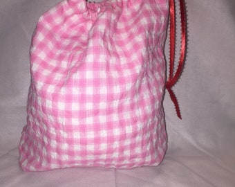 Christmas Fabric Gift Bag  Eco Friendly Bag  Drawstring Reuseable wrap --size 11 inches x 9 inches Pink Gingham