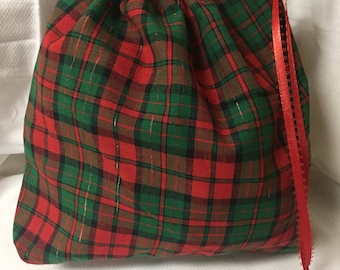 Christmas Fabric Gift Bag  Eco Friendly Bag  Drawstring Reuseable wrap --size 10.5 inches x 10 inches red and green plaid