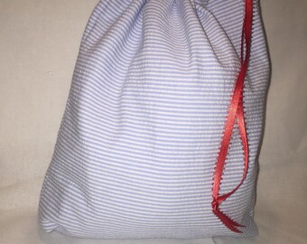 Christmas Fabric Gift Bag  Eco Friendly Bag  Drawstring Reuseable wrap --size 11 inches x 10 inches Blue Seersucker