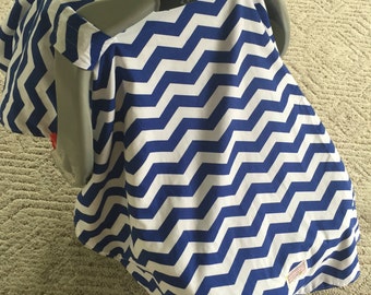 Car Seat Canopy..Baby Car Seat ..Canopy Carseat Cover... Royal Blue Chevron ......Michaelmoodesign
