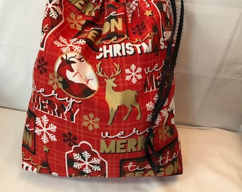 Christmas Fabric Gift Bag  Eco Friendly Bag  Drawstring Reusable wrap --size 10 inches x 11 inches red 'Tis the Season Merry Christmas