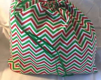 Christmas Fabric Gift Bag  Eco Friendly Bag  Drawstring Reuseable wrap --size 17 inches x 16 inches Red and Green Chevron