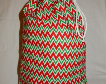 Christmas Fabric Gift Bag  Eco Friendly Bag  Drawstring Reuseable wrap --size 10 inches x 12 inches small Red and Green Chevron
