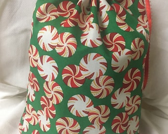 Christmas Fabric Gift Bag  Eco Friendly Bag  Drawstring Reuseable wrap --size 10 inches x 12 inches red and white candies