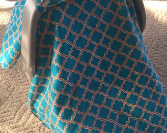 Car Seat Canopy..Baby Car Seat ..Canopy Carseat Cover... Turquoise and orange clover  Michaelmoodesign
