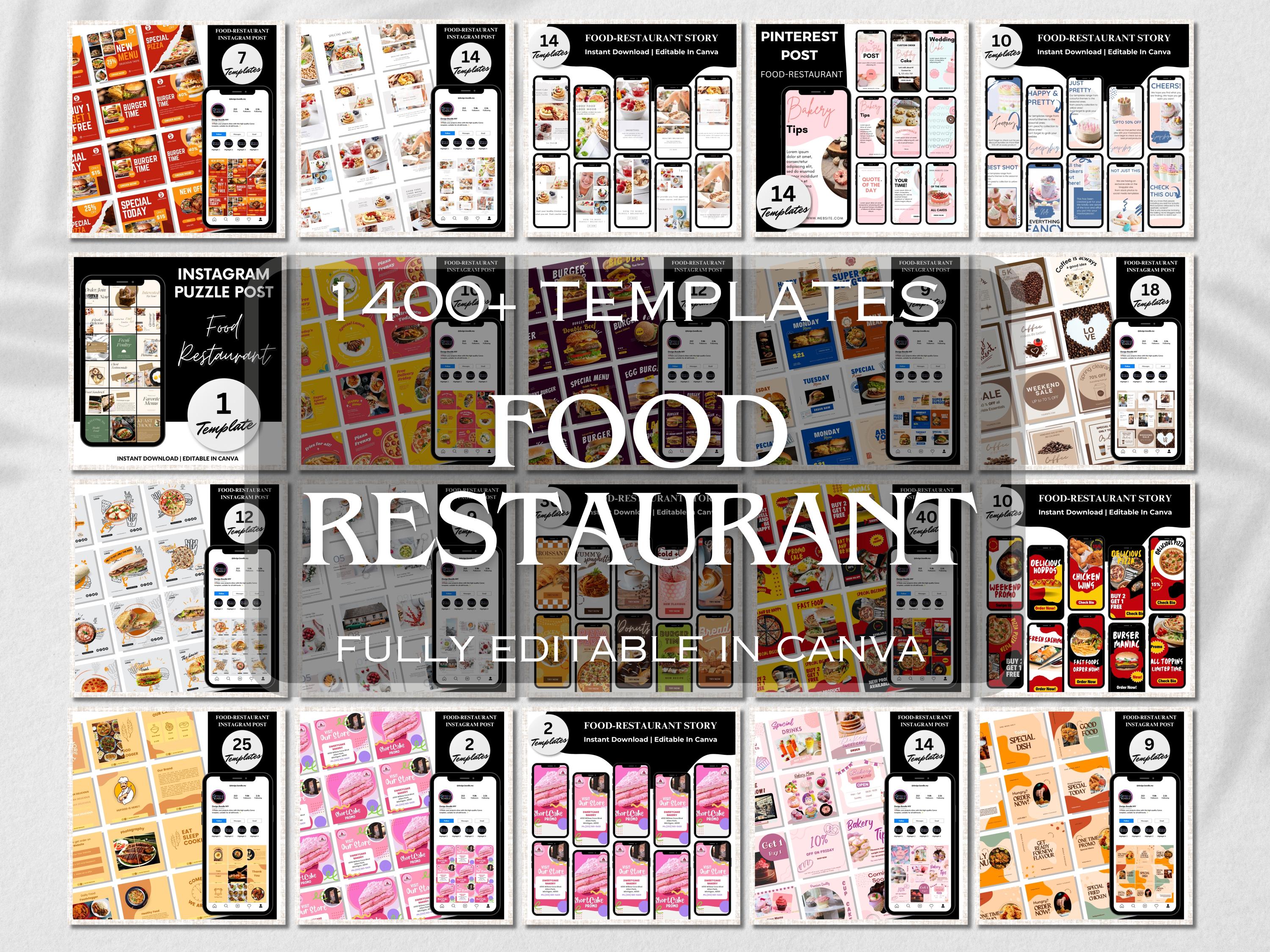 Food Social Media Templates: Restaurant Marketing Kit for Canva (Instagram Posts, Stories, Reels)