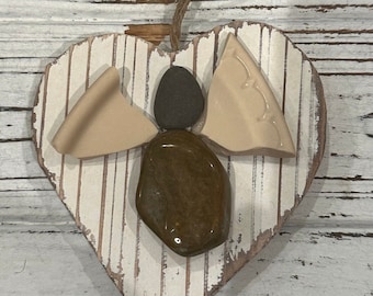 Heart Ornament with a little ANGEL created from pre-loved dishes and pebbles