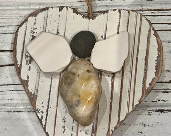 Heart Ornament with a little ANGEL created from pre-loved dishes and pebbles