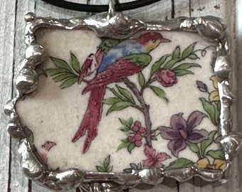 Beautiful BIRD Antique Broken China Pendant with Necklace Cord
