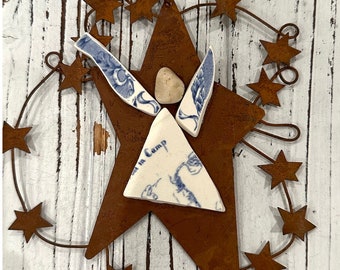 ANGEL Ornament created with slices of USMA china  on a Rusty Star