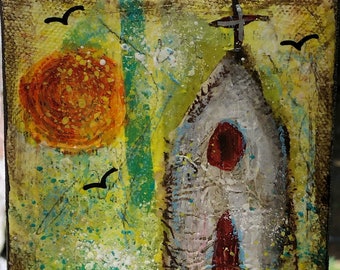 Little Chuch with a Beautiful Yellow Sky - 4x6 - Artist Amy Elise Havern