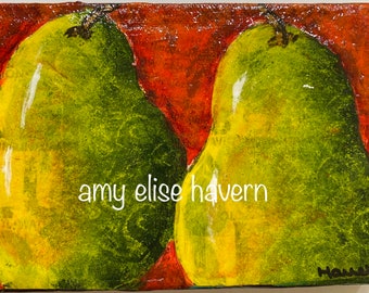 Delicious PEAR Duo on a RED background .... mixed media collage painting ... 6"x4" ... Art