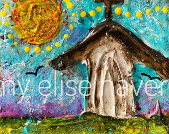 Little Textured Church Mixed Media Collage Church Painting - Amy Elise Havern