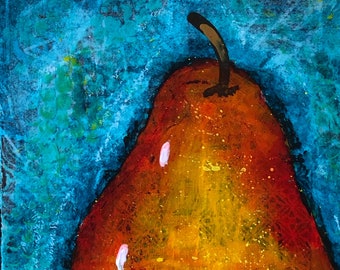 Delicious PEAR on a turquoise background .... mixed media collage painting ... 6x6