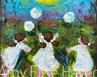 Textured Mixed Media Painting with 3 little girls - 4x6