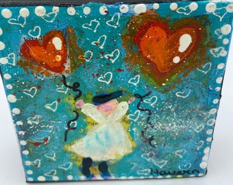 Heart Balloons Original Collage Painting 4" x 4" - ART - Mixed Media