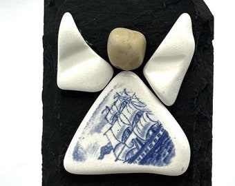 One Itty Bitty ANGEL created from a slice of a vintage USNA saucer  ... Angel ART ...  approx 2" x 3"