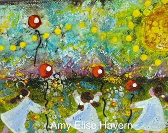 Mixed Media Collage Painting with three little girls  - 8" x 6"