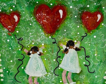 Mixed Media Original Painting - 6" x 6" - HEART Balloons
