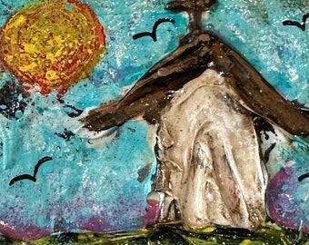 Little Textured Church Mixed Media Collage Church Painting 4x4