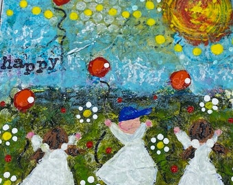 happy  ... Folk Art original Mixed Media Painting ... 6x6