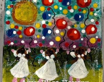 BALLOONS - Original Mixed Media Small ART - 4" x 4"